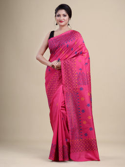 LAA CALCUTTA - Pink & Multi Silk Blend Kantha Saree with Unstitched Blouse