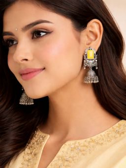 I Jewels - Oxidized Silver Bell Yellow Jhumka Earrings for Women