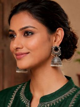 I Jewels - Oxidized Silver Jhumka Black Earrings for Women