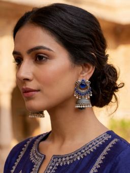 I Jewels - Oxidized Silver Jhumka Blue Earrings for Women