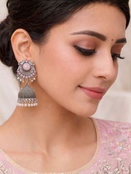 I Jewels - Oxidized Silver Jhumka Pink Earrings for Women