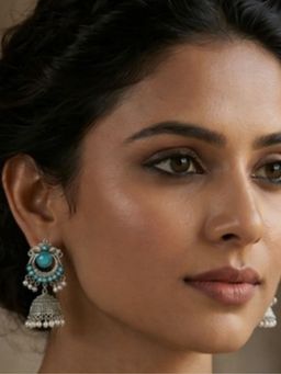 I Jewels - Oxidized Silver Jhumka Blue Earrings for Women