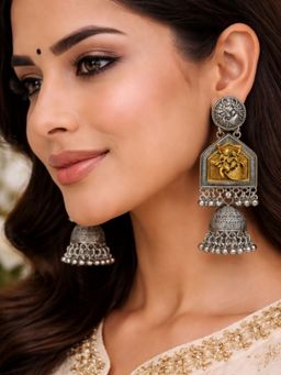 I Jewels - Radha Krishna Dual-Tone Temple Oxidized Jhumka Earrings for Women