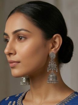 I Jewels - Oxidized Silver Deer Motif Traditional Jhumka Earrings for Women