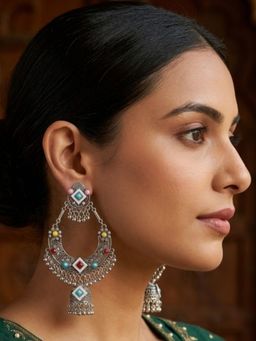 I Jewels - Oxidized Silver Multicolour Stone Chand Bali Earrings for Women