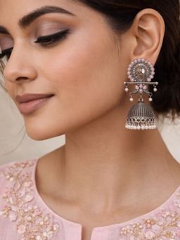 I Jewels - Traditional Oxidized Peacock Jhumka Pink Earrings for Women