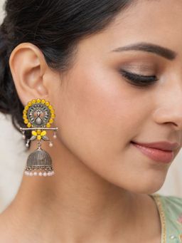 I Jewels - Traditional Oxidized Peacock Jhumka Yellow Earrings for Women