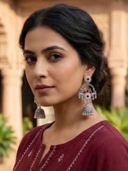 I Jewels - Oxidized Silver Maroon Jhumka Earrings for Women