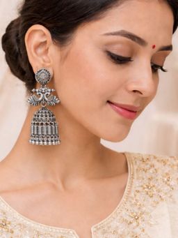 I Jewels - Oxidized Silver Peacock Motif Traditional Jhumka Earrings