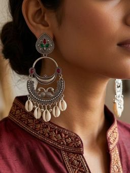 I Jewels - Oxidized Silver Multicolour Chand Bali Earrings with Shell Drops for Women
