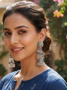 I Jewels - Traditional Oxidized Silver Bird Motif Jhumka Earrings for Women