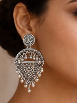 I Jewels - Oxidized Silver Fringe Chand Bali Earrings for Women
