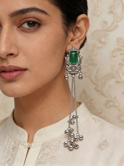 I Jewels - Oxidized Silver Kashmiri Ghungroo Green Drop Earrings for Women