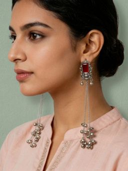 I Jewels - Oxidized Silver Kashmiri Ghungroo Maroon Drop Earrings for Women