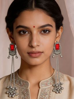 I Jewels - Oxidized Silver Kashmiri Ghungroo Red Drop Earrings for Women