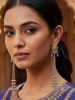 I Jewels - Oxidized Silver Kashmiri Ghungroo Yellow Drop Earrings for Women