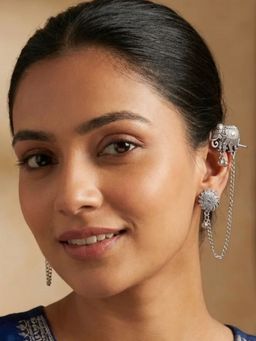 I Jewels - Oxidized Silver Elephant Motif Ear Chain with Earrings for Women