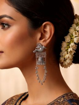 I Jewels - Oxidized Silver Bird Motif Long Chain Drop Earrings for Women