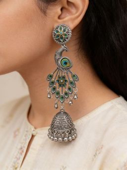 I Jewels - Peacock Design Oxidized Jhumka Earrings