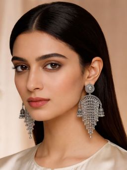 I Jewels - Oxidized Silver Fringe Chand Bali Earrings