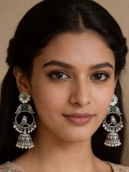 I Jewels - Oxidized Bird Motif Jhumka Green Earrings