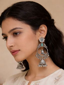 I Jewels - Oxidized Bird Motif Jhumka Blue Earrings