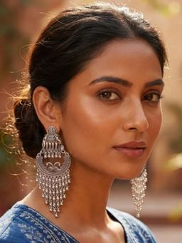 I Jewels - Oxidized Elephant and Swan Motif Fringe Chand Bali Earrings