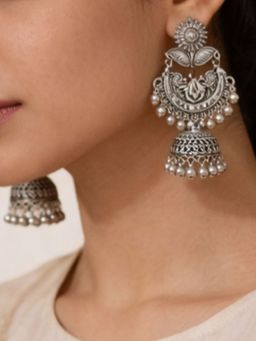 I Jewels - Oxidized Floral Jhumka Earrings