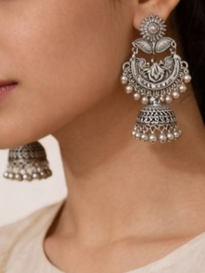 Oxidized Floral Jhumka Earrings