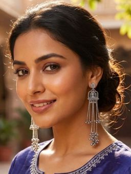 I Jewels - Oxidized Temple Ghungroo Chain Earrings