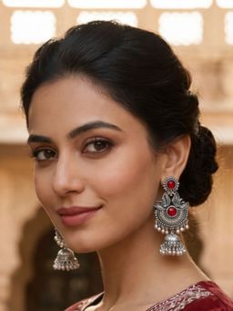 I Jewels - Oxidized Silver Red Stone Swan Jhumka Earrings