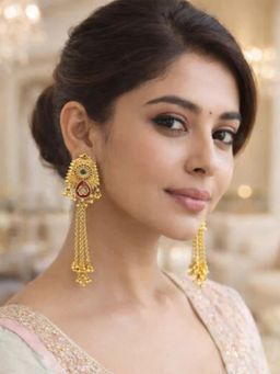 I Jewels - Royal Temple Design Long Chain Multi-Colour Earrings for Women