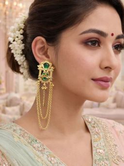 I Jewels - Royal Temple Design Long Chain Green Stone Drop Earrings for Women