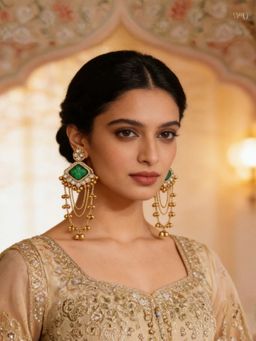 I Jewels - Traditional Kashmiri Kundan Long Ghungroo Drop Green Earrings for Women