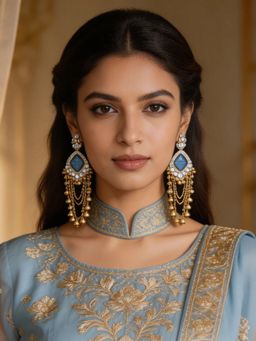 I Jewels - Traditional Kashmiri Kundan Long Ghungroo Drop Blue Earrings for Women