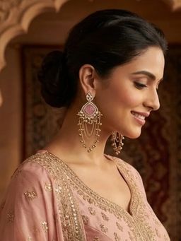 I Jewels - Traditional Kashmiri Kundan Long Ghungroo Drop Pink Earrings for Women
