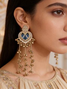 I Jewels - Traditional Kashmiri Kundan Long Ghungroo Drop Blue Earrings for Women