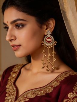 I Jewels - Traditional Kashmiri Kundan Long Ghungroo Maroon Drop Earrings for Women