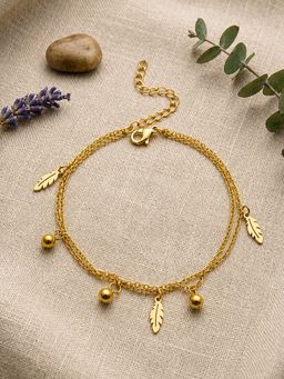 ARTKLIM - Feather and Bell Layered Charm Gold Anti-Tarnish Adjustable Anklet