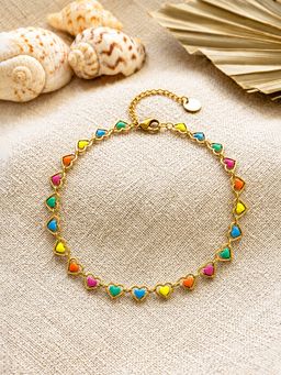 ARTKLIM - Colourful Heart Charm Gold Chain Anti-Tarnish Adjustable Anklet