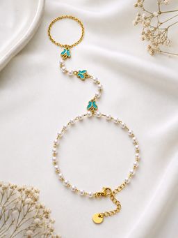ARTKLIM - Gold Plated Pearl Butterfly Hand Harness Anti-Tarnish Adjustable Bracelet