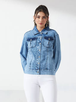 Miss Chase - Women Light Blue Shirt Collar Full Sleeve Hand Painted Denim Jacket