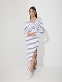 Miss Chase - Women White V-Neck Full Sleeve Striped Ruched Maxi Polyester Dress
