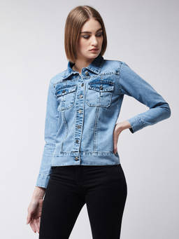 Miss Chase - Women Light Blue Collared Full Sleeves Solid Buttoned Denim Jacket