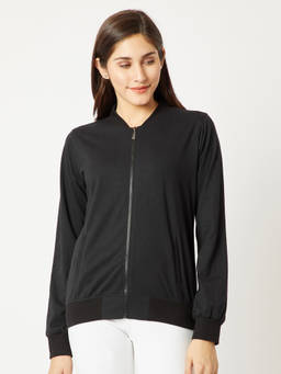 Miss Chase - Women Black Round Neck Cotton Solid Bomber Jacket