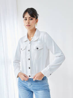Miss Chase - Women White Polo Neck Full Sleeves Denim Solid Cropped Jacket