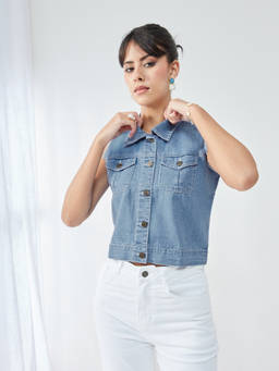 Miss Chase - Women Light Blue Polo Neck Sleeveless Denim Solid Crop Denim Jacket