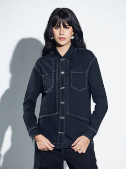 Miss Chase - Women Black Shirt Collar Oversized Denim Jacket
