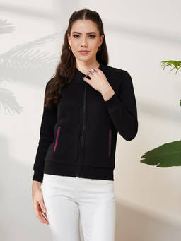 Miss Chase - Women Black Round Neck Full Sleeve Cotton Bomber Jacket