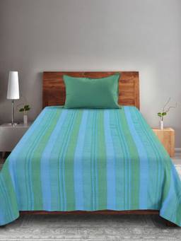 Saral Home - Green Striped Cotton Single Bedsheet and Pillow Cover